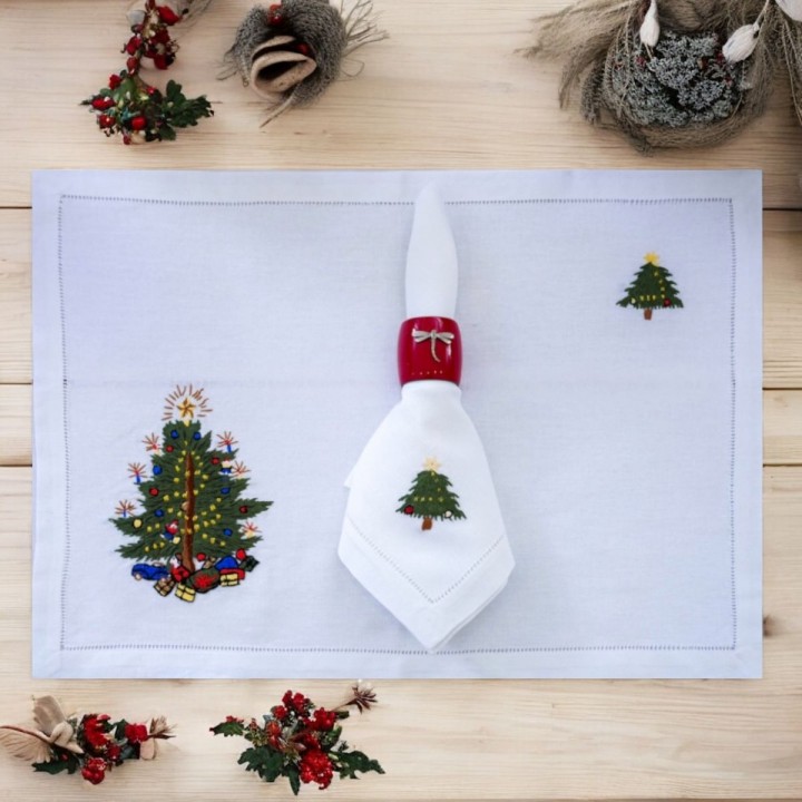 Christmas placemat & Napkin set-Pine tree embroidery